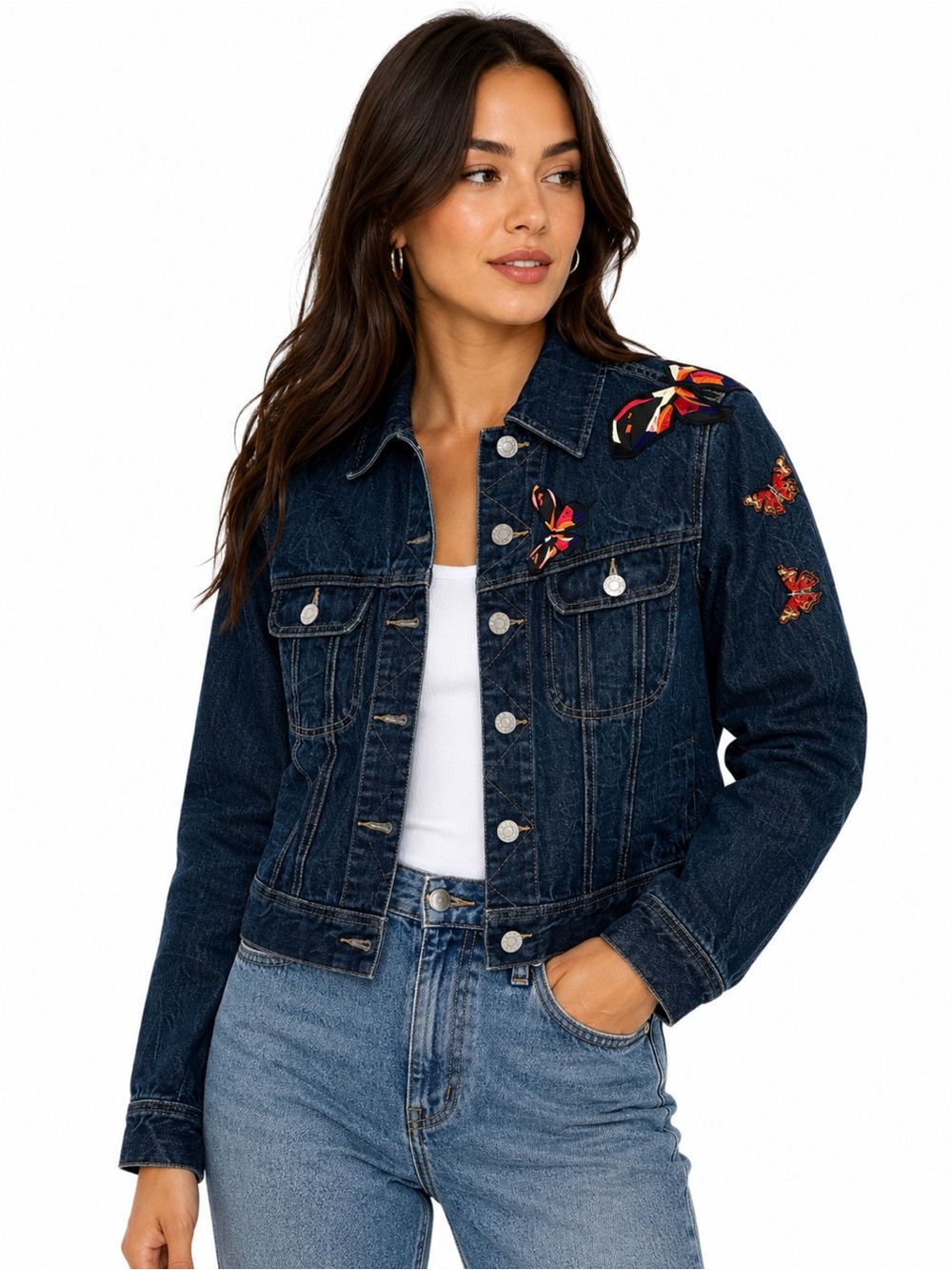 Upcycled Vintage Denim Jacket with Butterfly Patch Embroidery